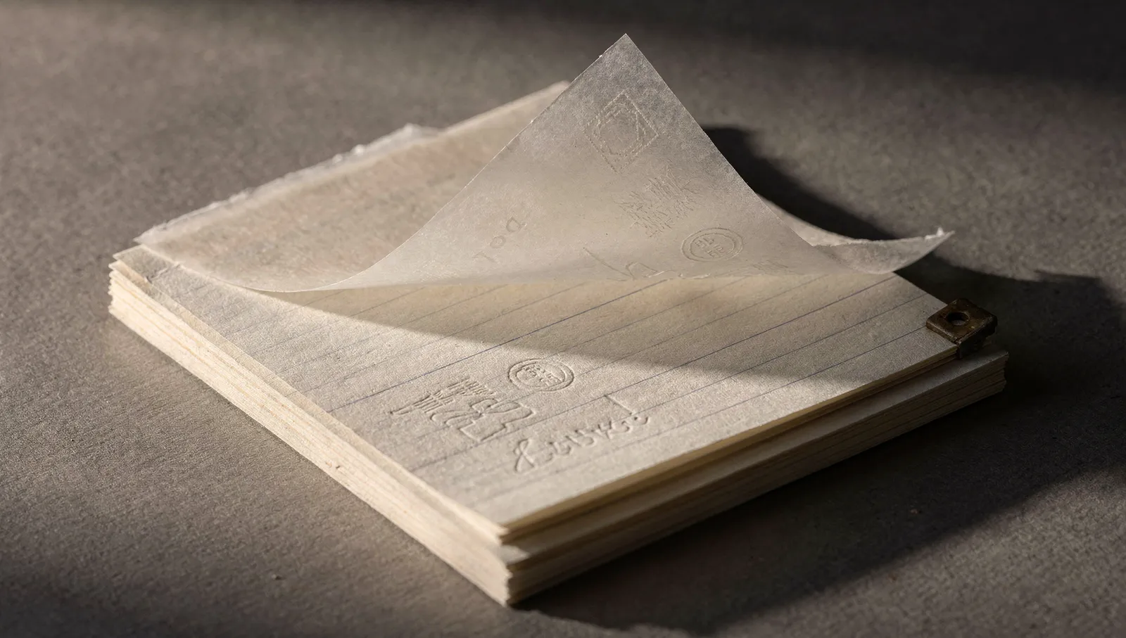 Translucent vellum sheets layered over a ruled page, light passing through