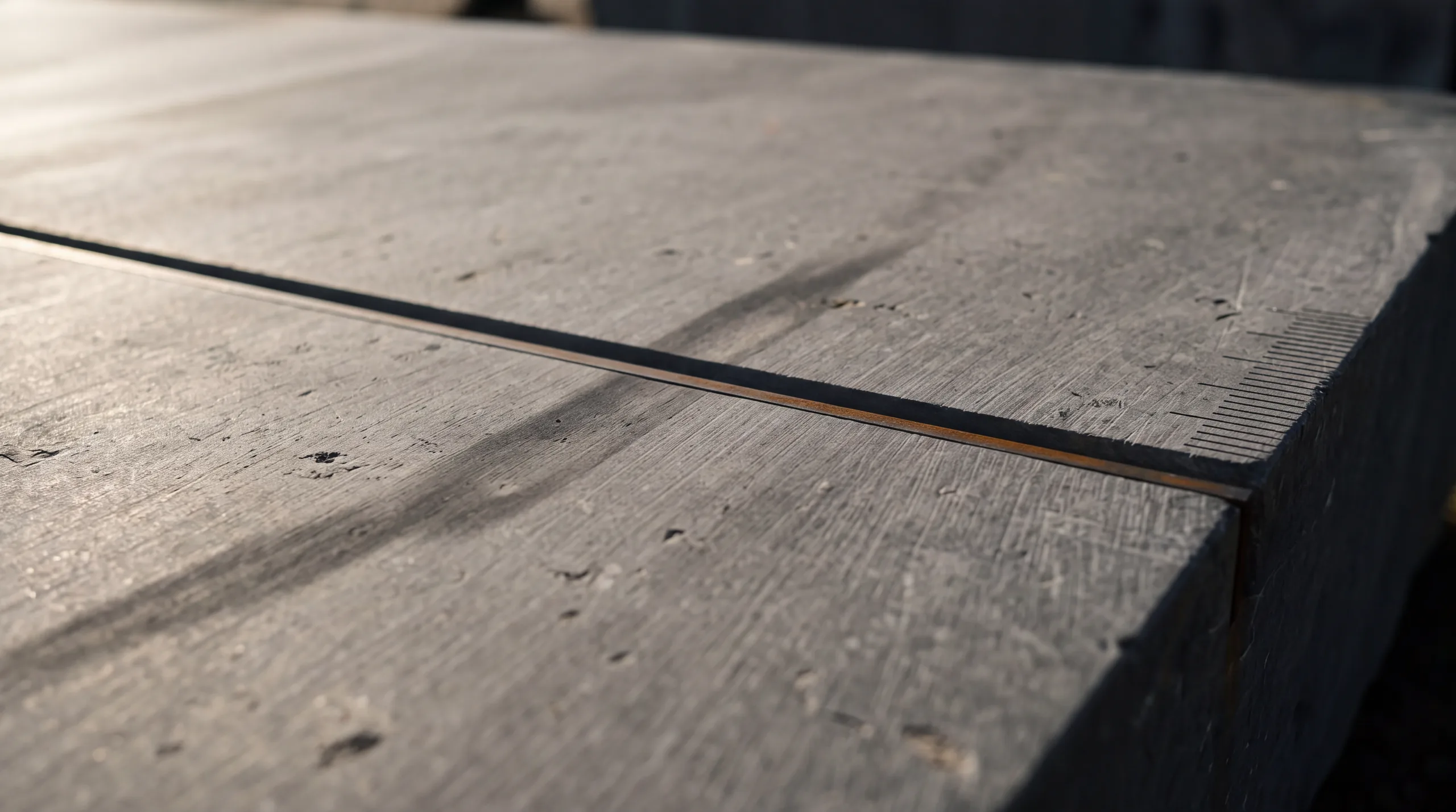 A wide honed stone plane with one precise machined groove crossing it, lit from the side